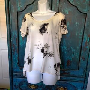 Light blouse with black flowers & dragonflies
